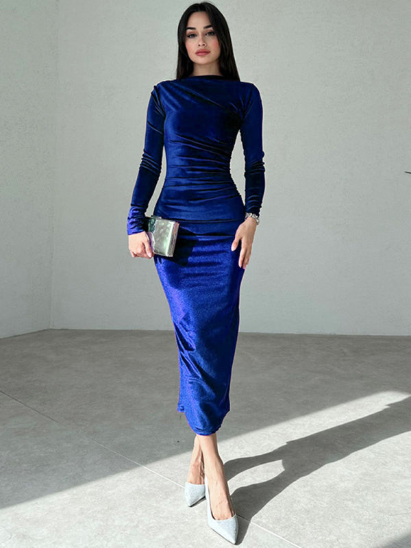 Solid Color Boat Neck Long Sleeve Ruched Bodycon Long Dress