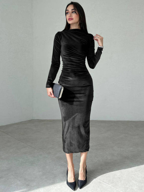 Solid Color Boat Neck Long Sleeve Ruched Bodycon Long Dress