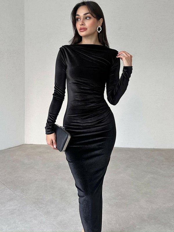 Solid Color Boat Neck Long Sleeve Ruched Bodycon Long Dress