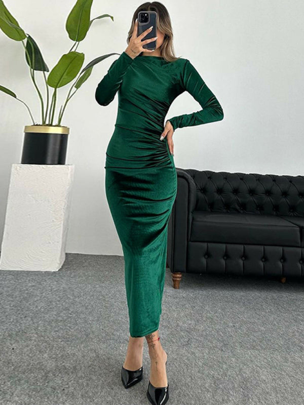 Solid Color Boat Neck Long Sleeve Ruched Bodycon Long Dress