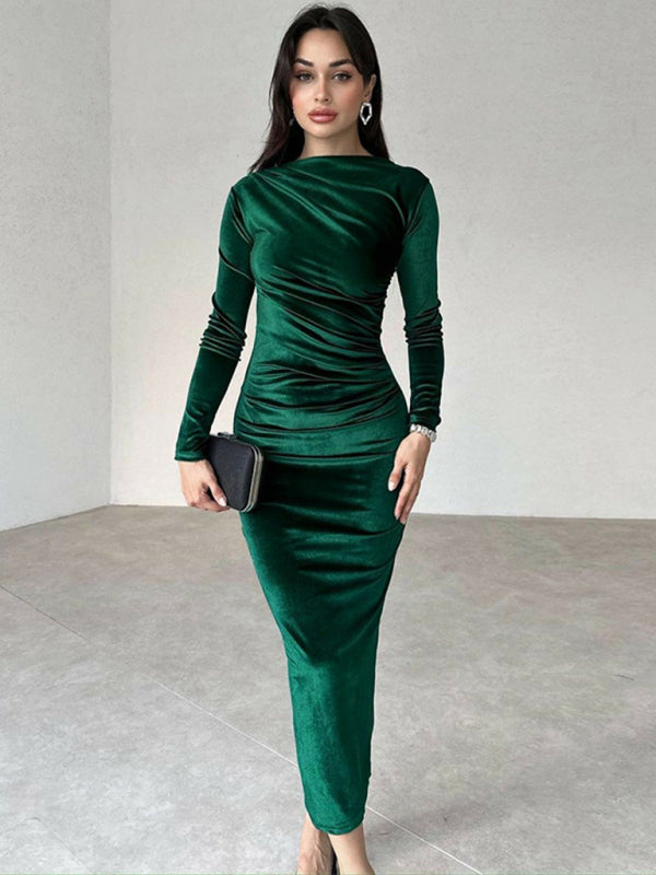 Solid Color Boat Neck Long Sleeve Ruched Bodycon Long Dress