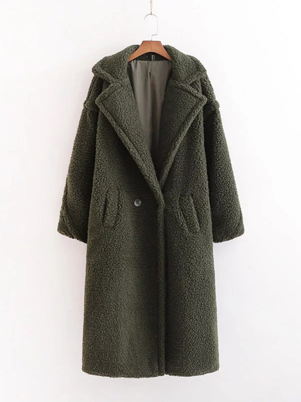 Women's Lapel Collar 2-Buttons Lined Lambswool Teddy Fur Coat with Pockets -Cozy Fall