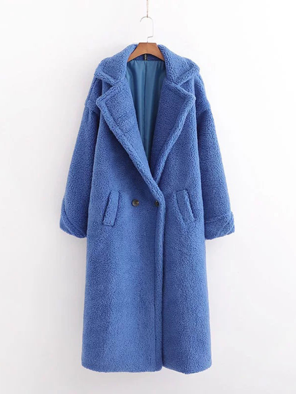 Women's Lapel Collar 2-Buttons Lined Lambswool Teddy Fur Coat with Pockets -Cozy Fall