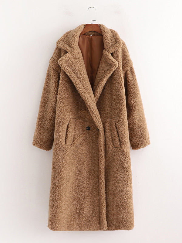 Women's Lapel Collar 2-Buttons Lined Lambswool Teddy Fur Coat with Pockets -Cozy Fall