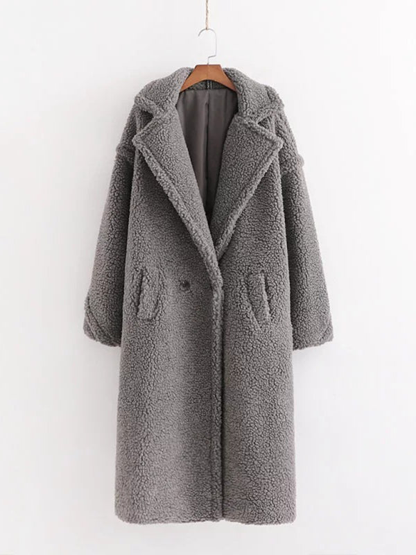 Women's Lapel Collar 2-Buttons Lined Lambswool Teddy Fur Coat with Pockets -Cozy Fall