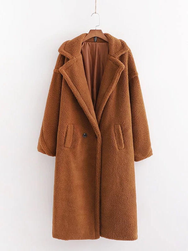 Women's Lapel Collar 2-Buttons Lined Lambswool Teddy Fur Coat with Pockets -Cozy Fall