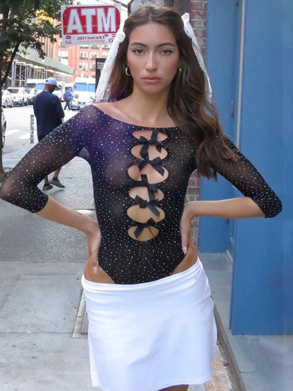 Front Cutouts Sheer Shimmer High Stretch Bodysuit
