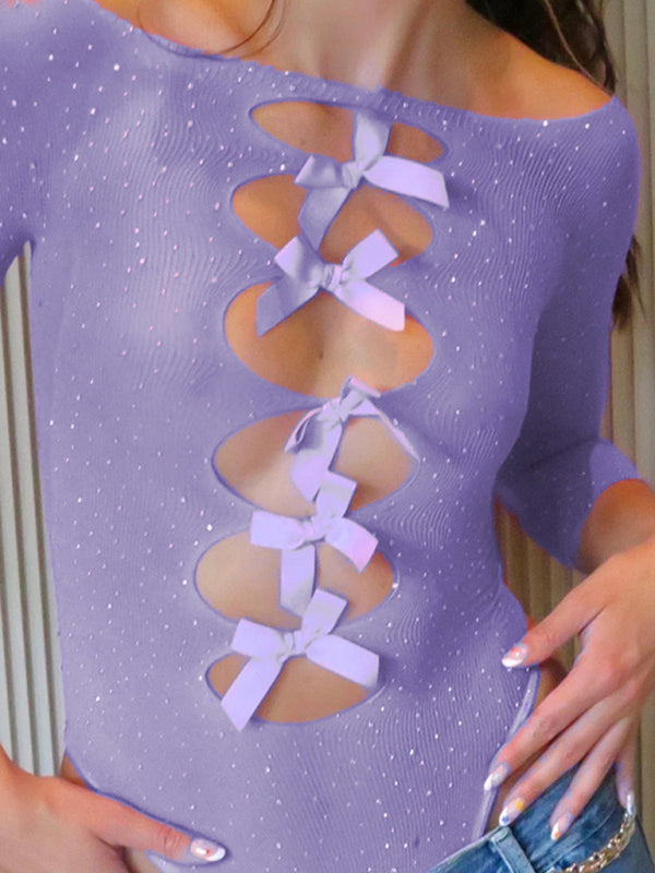Front Cutouts Sheer Shimmer High Stretch Bodysuit