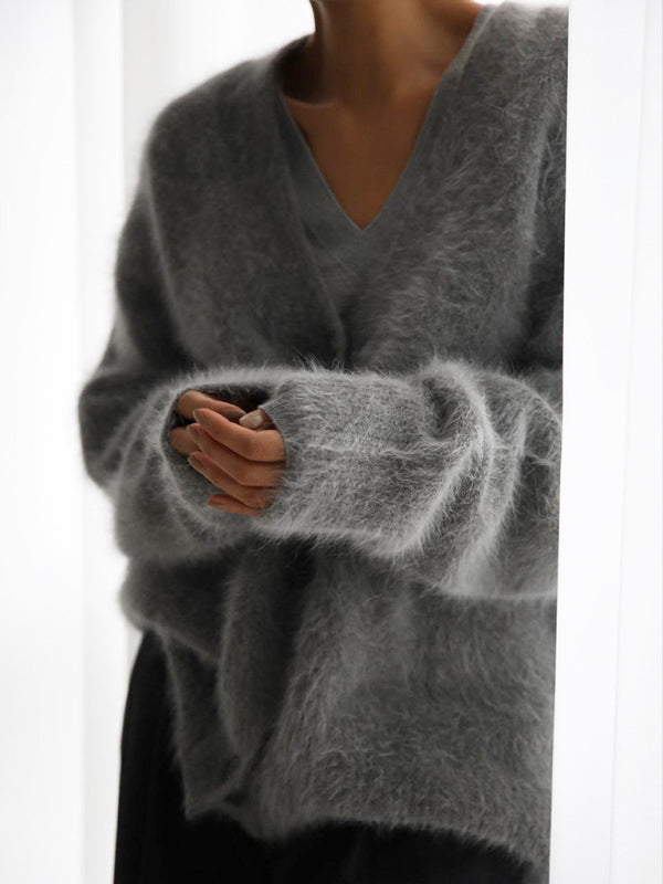 Fuzzy V-Neck Knitted Cardigan Sweater