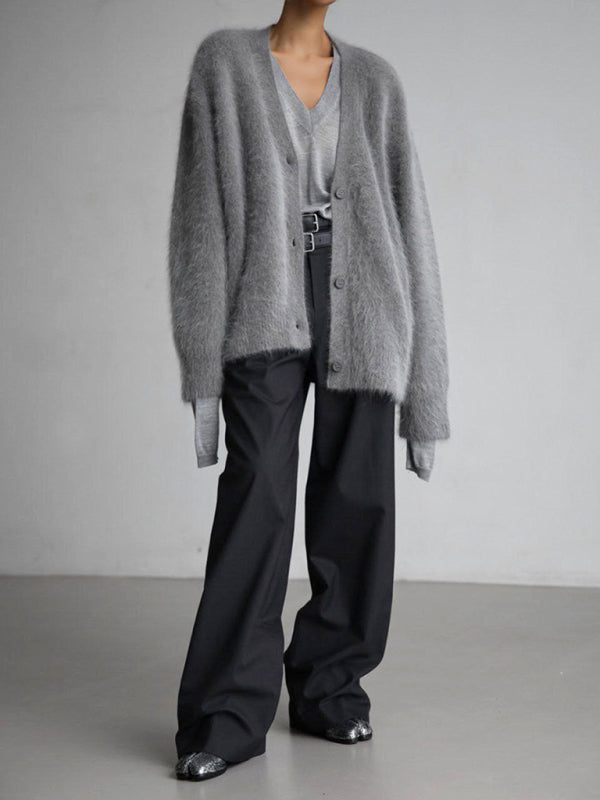 Fuzzy V-Neck Knitted Cardigan Sweater