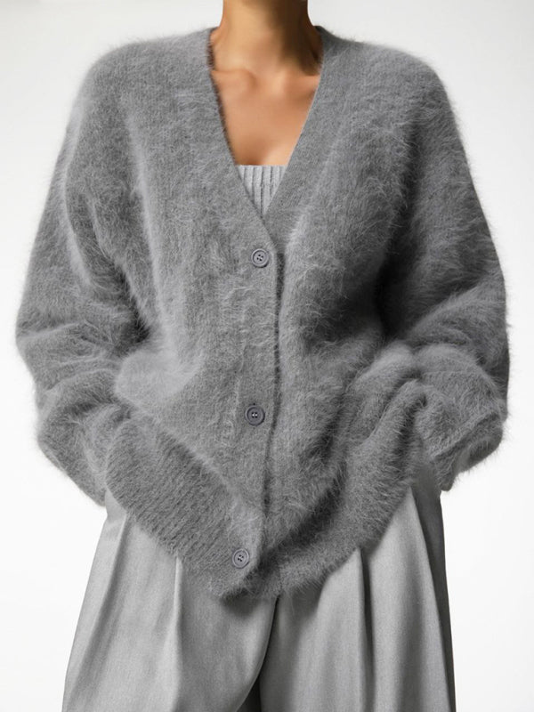 Fuzzy V-Neck Knitted Cardigan Sweater