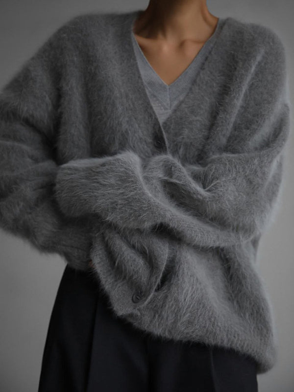 Fuzzy V-Neck Knitted Cardigan Sweater