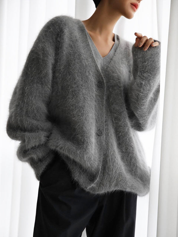 Fuzzy V-Neck Knitted Cardigan Sweater