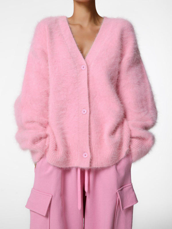 Fuzzy V-Neck Knitted Cardigan Sweater