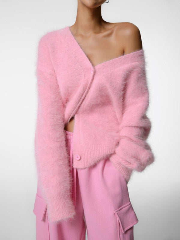 Fuzzy V-Neck Knitted Cardigan Sweater