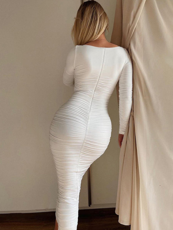 Square Neck Long Sleeve Ruched Bodycon Midi Dress