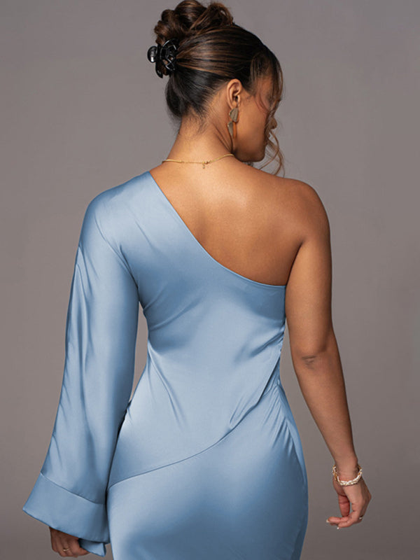 One Shoulder Spliced Long Bell Sleeve Long Dress  Available in S and L only