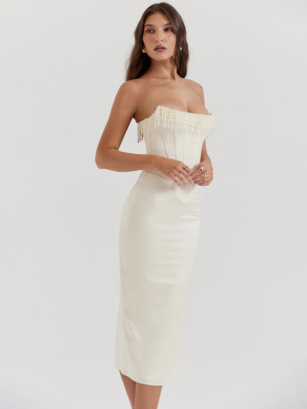 Strapless Pearl Fishbone Corset Midi Dress