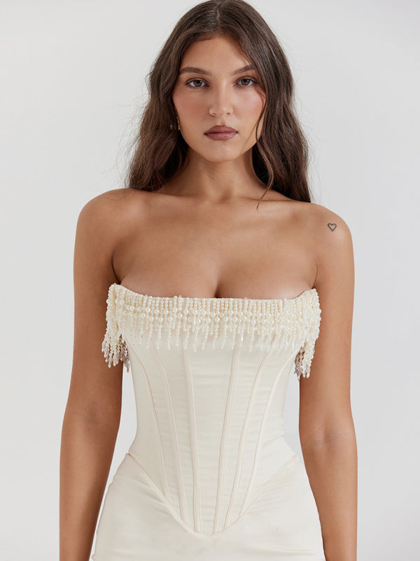 Strapless Pearl Fishbone Corset Midi Dress