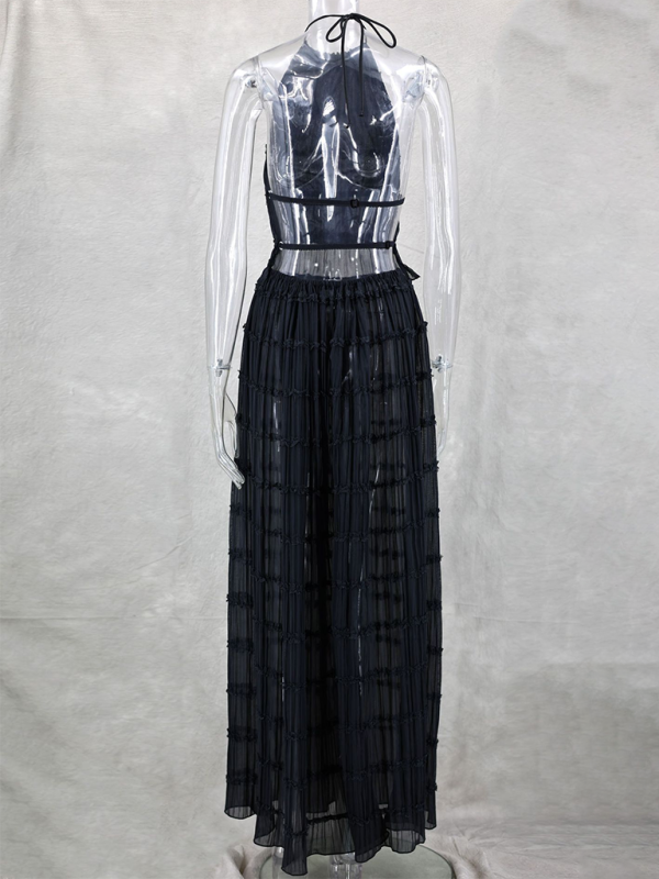 Women's Backless Chiffon Lace-up Top and Pleated Long Skirt Set