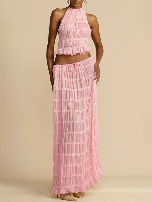 Women's Backless Chiffon Lace-up Top and Pleated Long Skirt Set