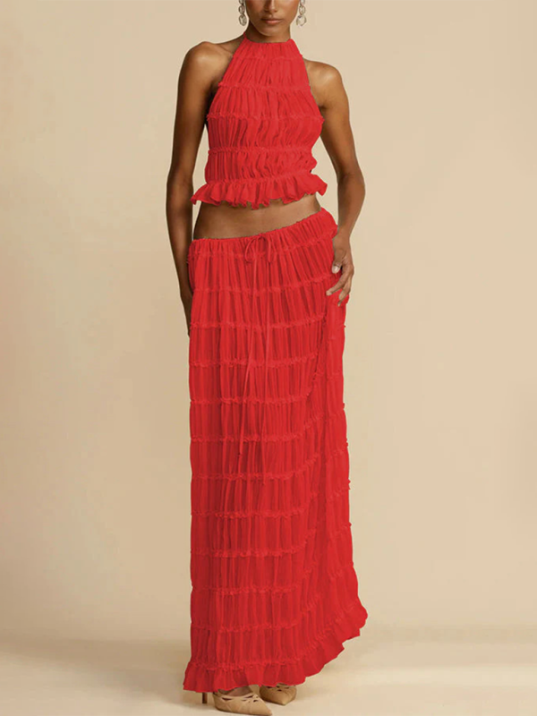 Women's Backless Chiffon Lace-up Top and Pleated Long Skirt Set