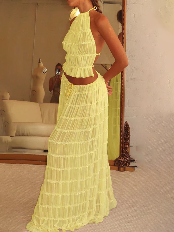 Women's Backless Chiffon Lace-up Top and Pleated Long Skirt Set