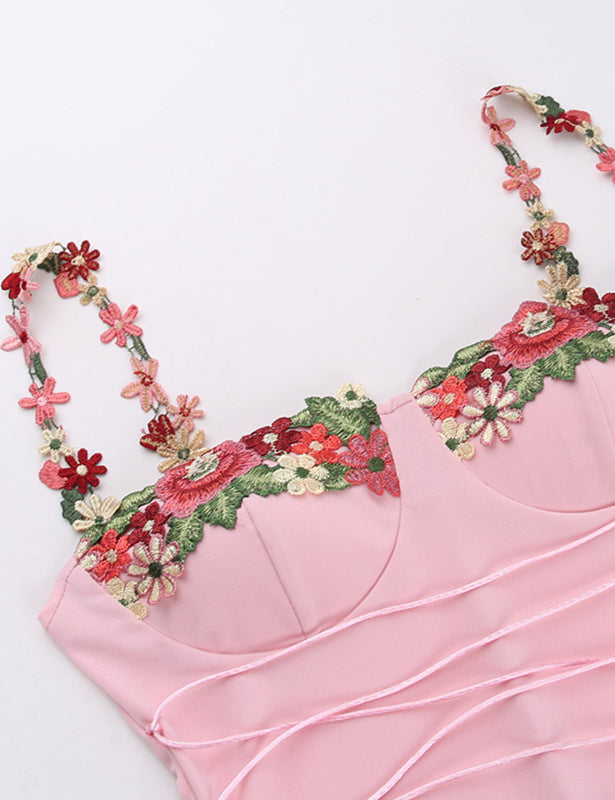 Bra Cup with Floral Appliques Waist Strap Mini Dress