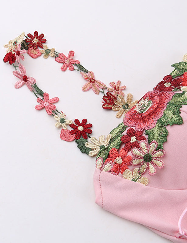 Bra Cup with Floral Appliques Waist Strap Mini Dress