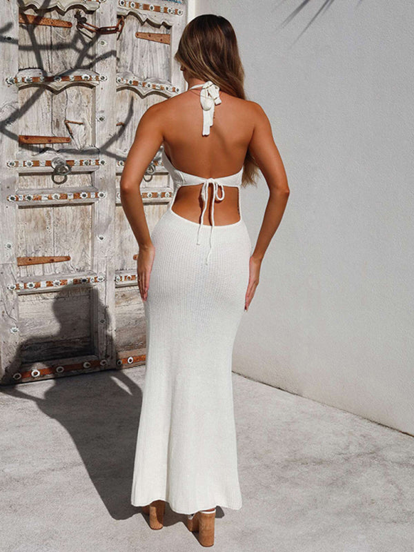 Halterneck Backless Knitted Hollow Long dress