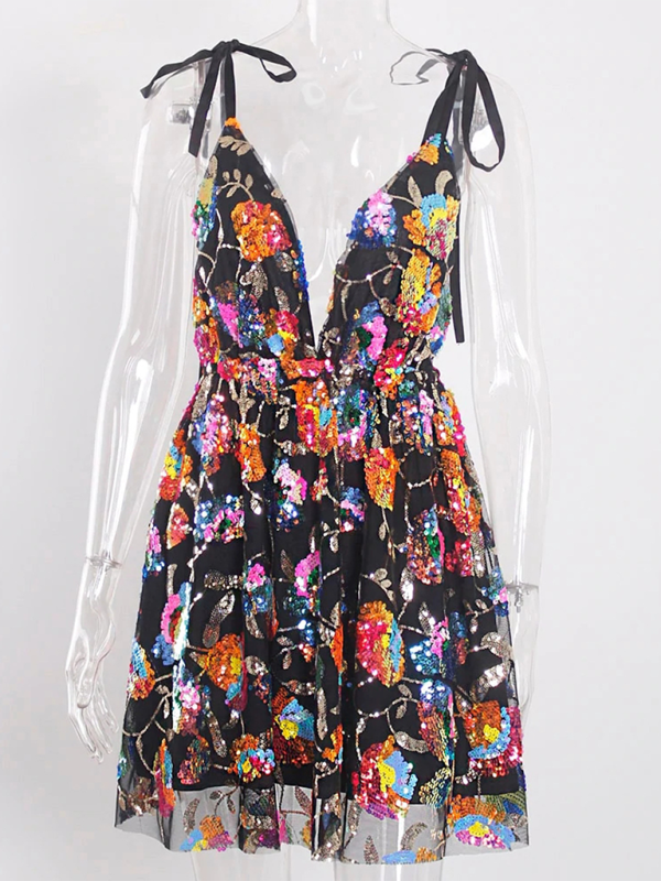 Sexy Deep V Backless Sequin Floral Suspender Mini Dress