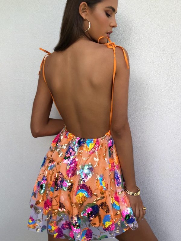 Sexy Deep V Backless Sequin Floral Suspender Mini Dress