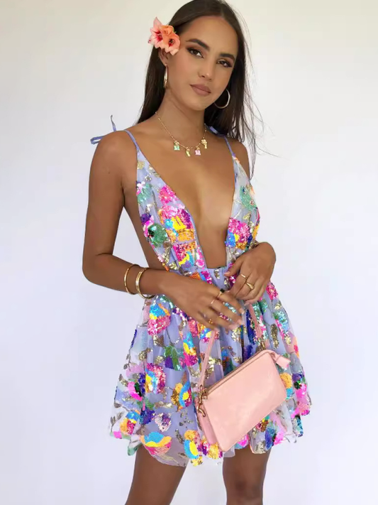 Sexy Deep V Backless Sequin Floral Suspender Mini Dress