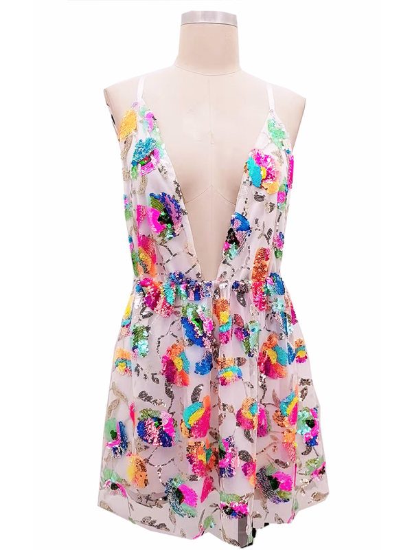 Sexy Deep V Backless Sequin Floral Suspender Mini Dress