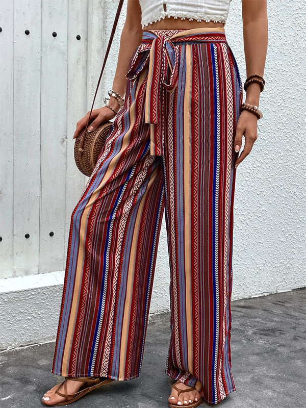 Bohemian Striped Tie Waist Wide Leg Pants