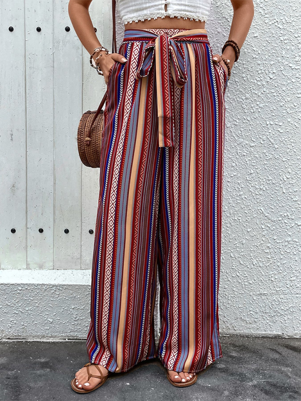 Bohemian Striped Tie Waist Wide Leg Pants