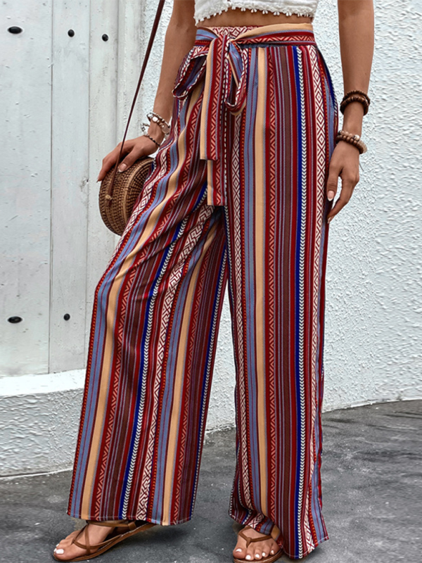 Bohemian Striped Tie Waist Wide Leg Pants