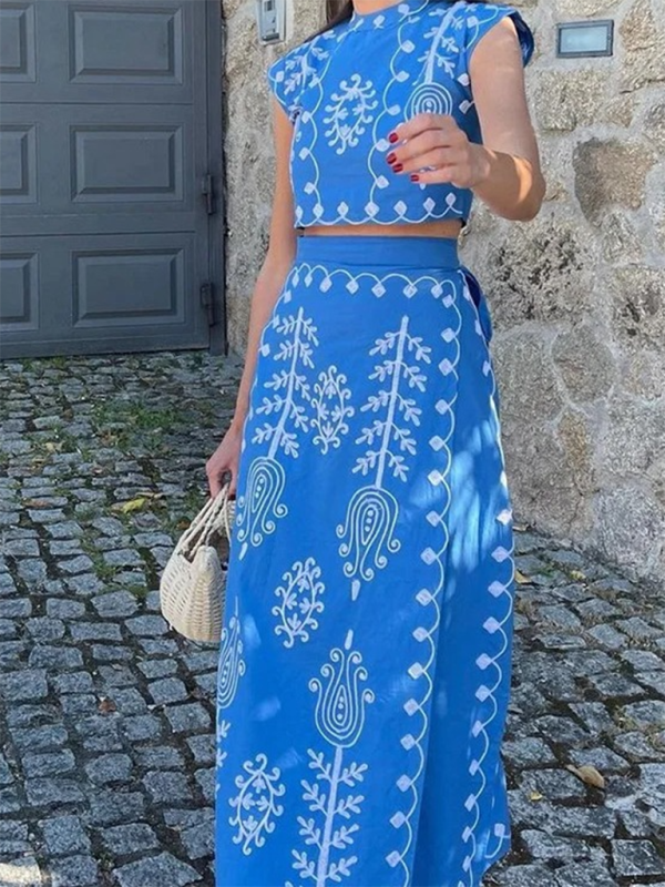 Embroidered Holiday Round Neck Cropped Top & Wrap Maxi Skirt Two Piece Set