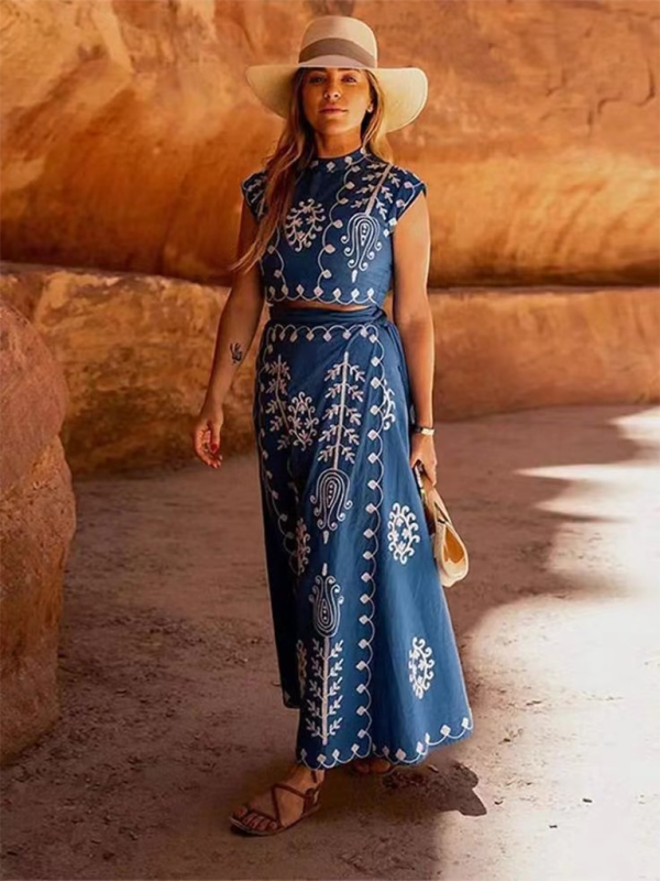 Embroidered Holiday Round Neck Cropped Top & Wrap Maxi Skirt Two Piece Set