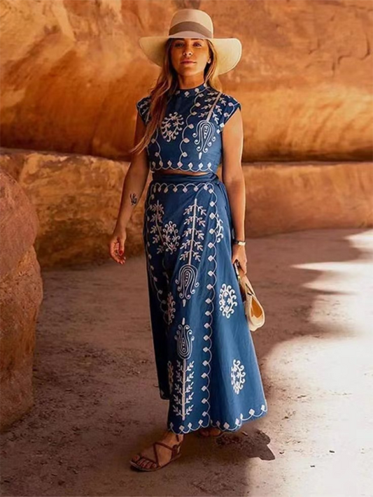 Embroidered Holiday Round Neck Cropped Top & Wrap Maxi Skirt Two Piece Set