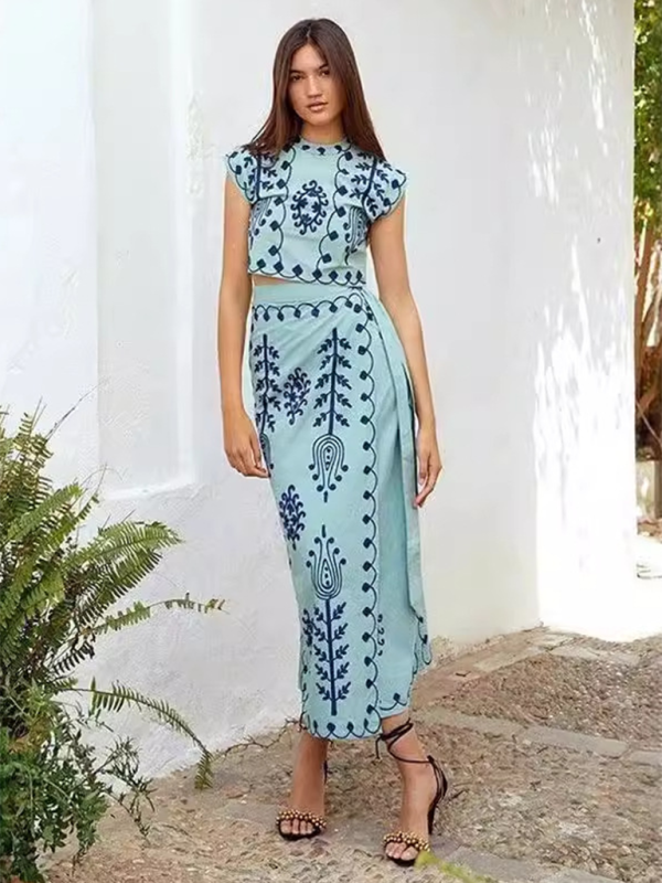 Embroidered Holiday Round Neck Cropped Top & Wrap Maxi Skirt Two Piece Set