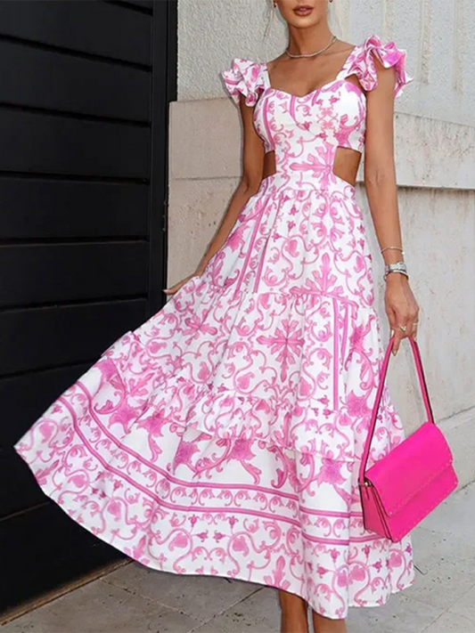 Romantic Floral Butterfly Sleeves Hollow Maxi Dress