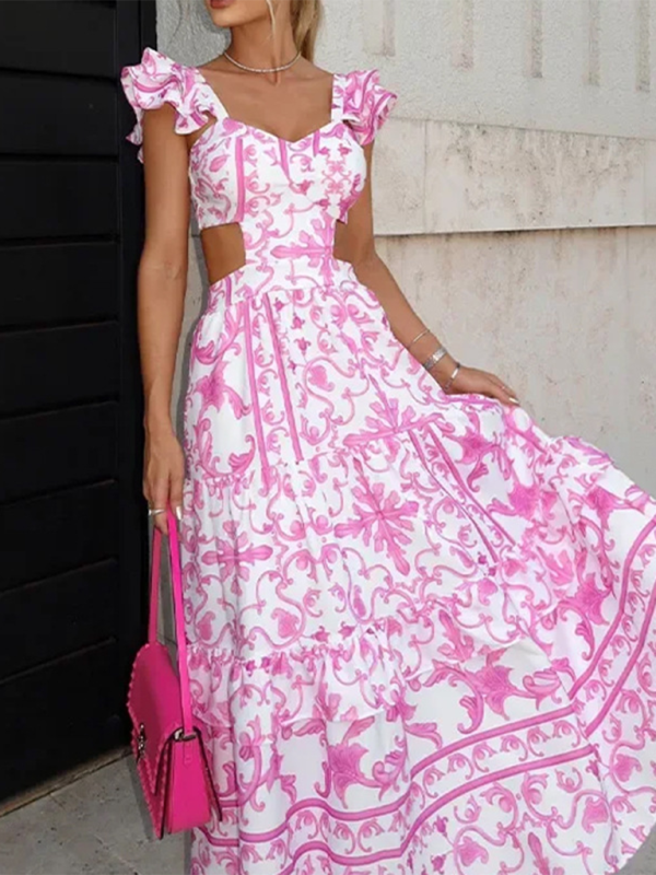 Romantic Floral Butterfly Sleeves Hollow Maxi Dress