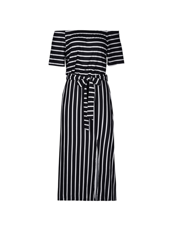 Striped Off-Shoulder Thigh-High Slit Midi Dress