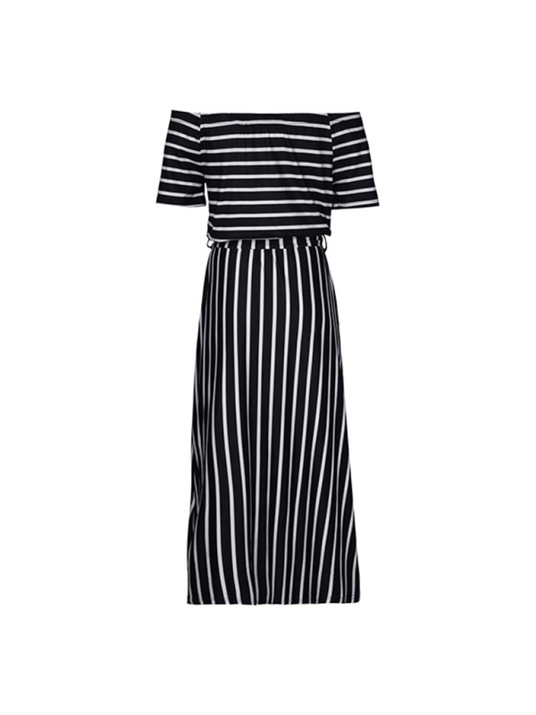 Striped Off-Shoulder Thigh-High Slit Midi Dress