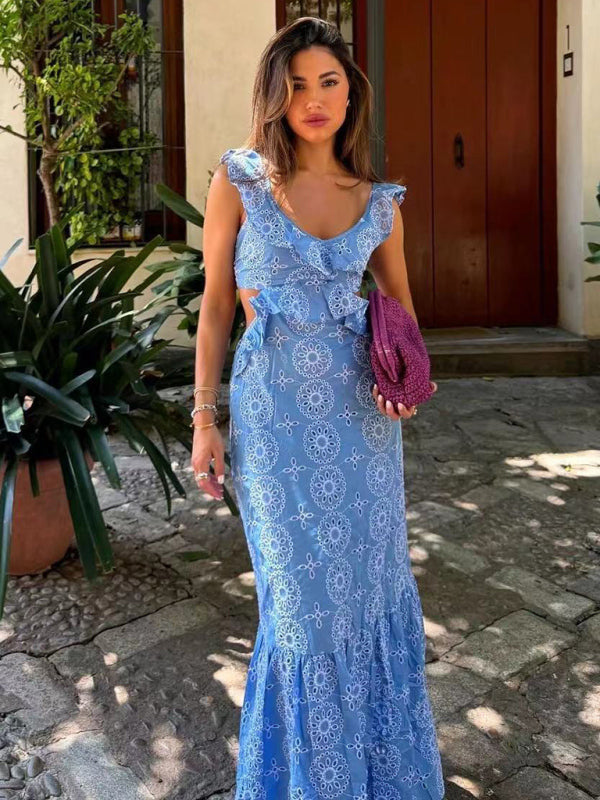 Women's Stylish Embroidered V-Neck Tie-back Maxi Dress