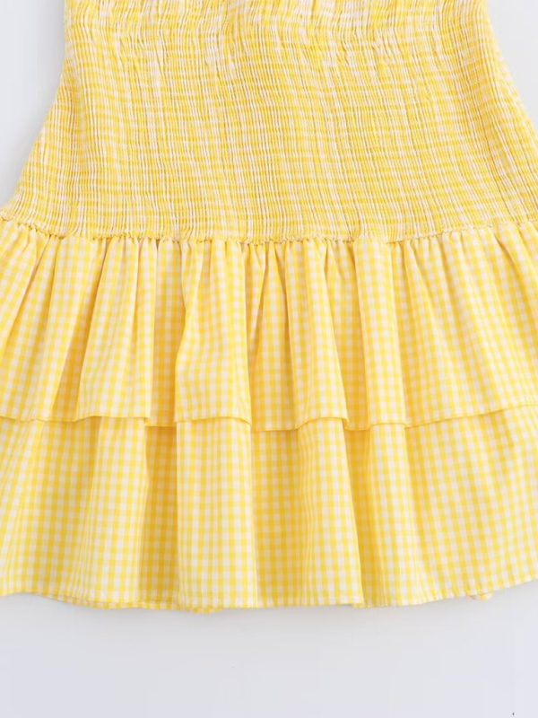 Adorable Plaid V-Neck Bow Tiered Smocked Mini Dress