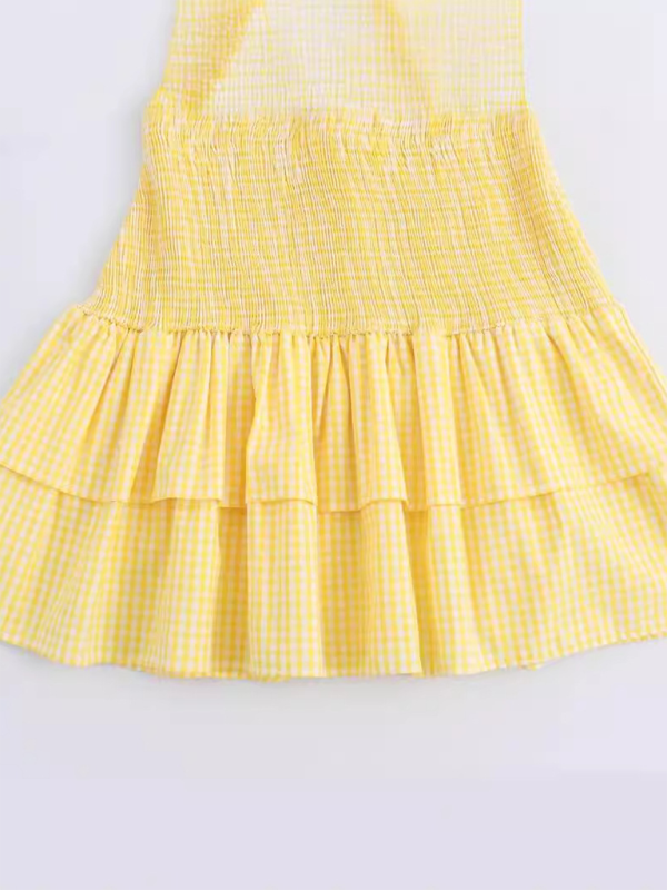 Adorable Plaid V-Neck Bow Tiered Smocked Mini Dress