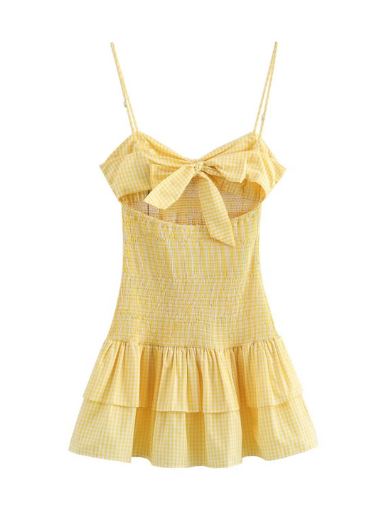 Adorable Plaid V-Neck Bow Tiered Smocked Mini Dress