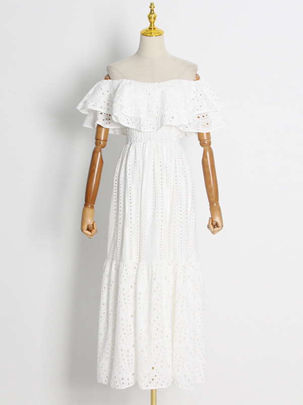 Embroidered Double-layer Lotus Leaf Off-Shoulder Maxi Dress